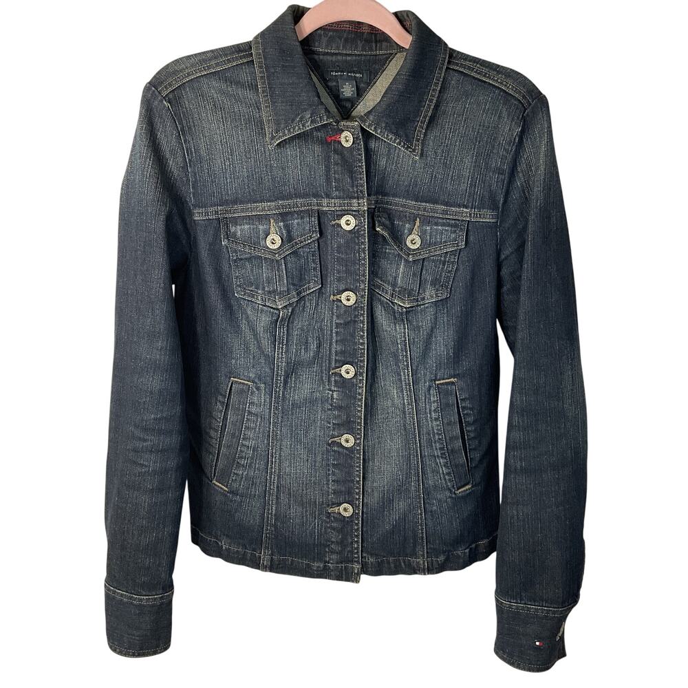 Tommy Hilfiger Women’s Dark Wash Denim Trucker Jacket - Red Trim Detail  Medium